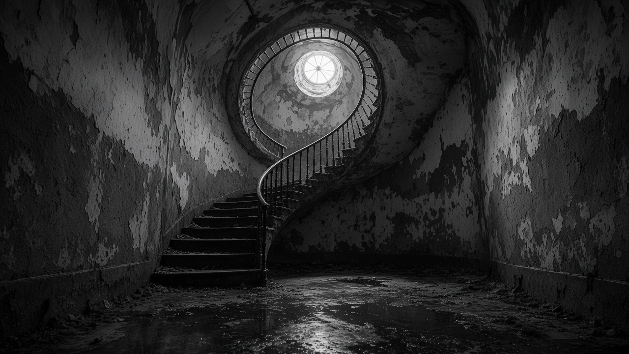 Cage d'escalier en spirale dans un bâtiment abandonné, en noir et blanc