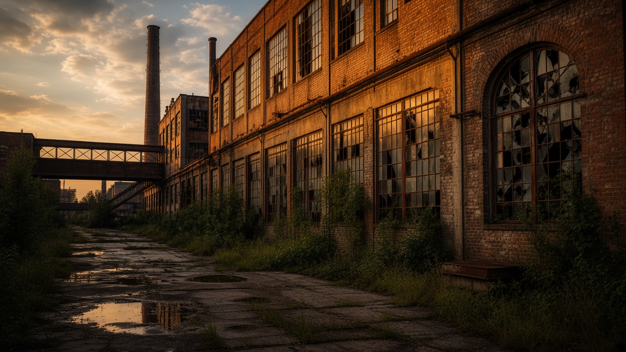 Ancienne usine en brique au coucher du soleil, vue de l'extérieur